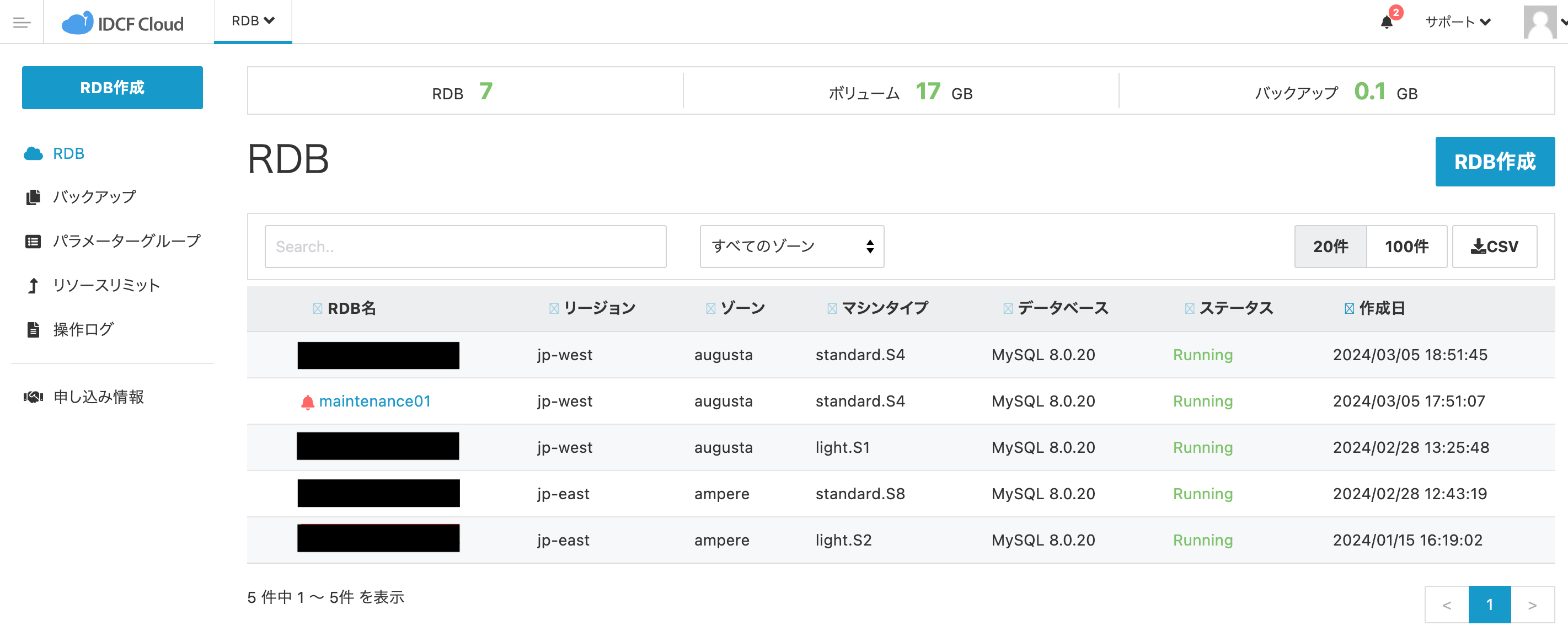 RDB一覧画面のイメージ