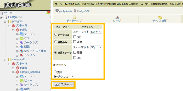 エクスポートの詳細を設定