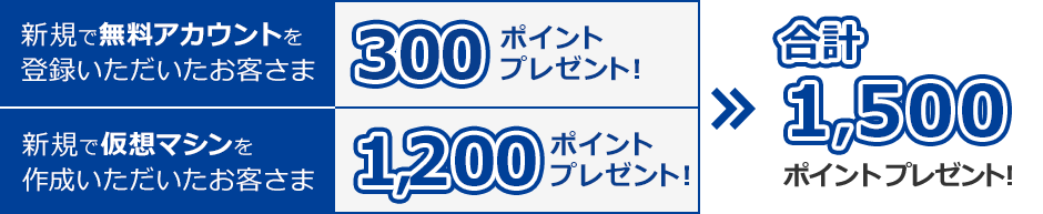 新規でアカウントを登録いただいたお客さまにはTポイント300ポイントを、新規で仮想マシンを作成していただいたお客さまにはTポイント1,200ポイントをプレゼント！